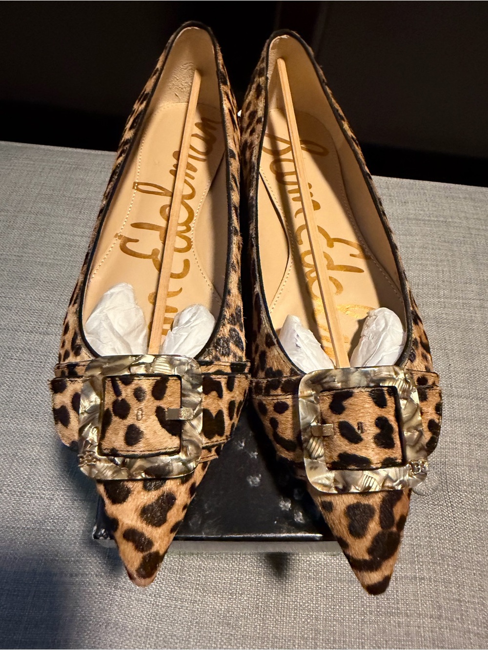 Sam Edelman Leopard Print Pointed Flats with Tortoiseshell Buckle